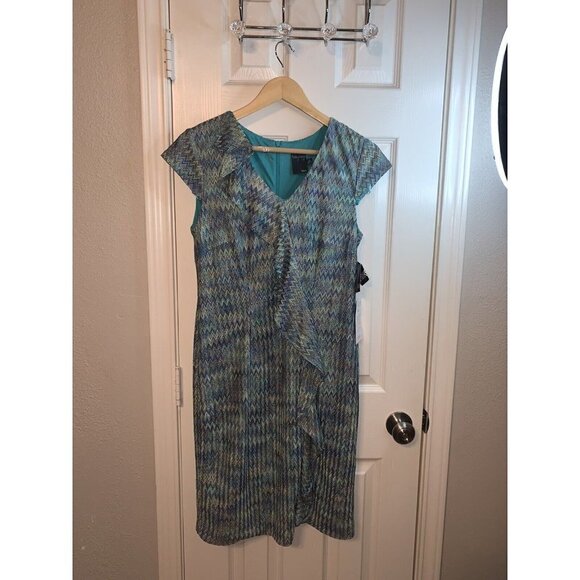 Gabby Skye Teal Chevron Print Faux Wrap Ruffled V-Neck Boho Dress Size 12 - Picture 2 of 9